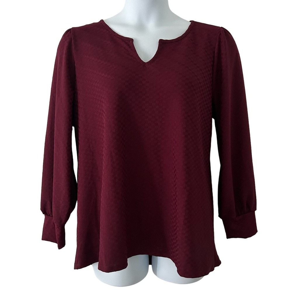 Kaileigh Women's Check Wine Pullover V-Neck Blouse Top Plus 1X NWOT